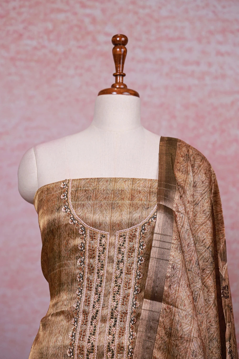 Golden Tissue Silk Beads Work Unstitched Churidhar Material