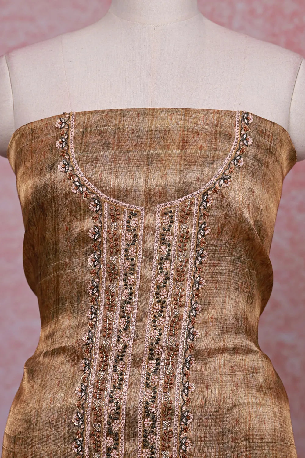 Golden Tissue Silk Beads Work Unstitched Churidhar Material