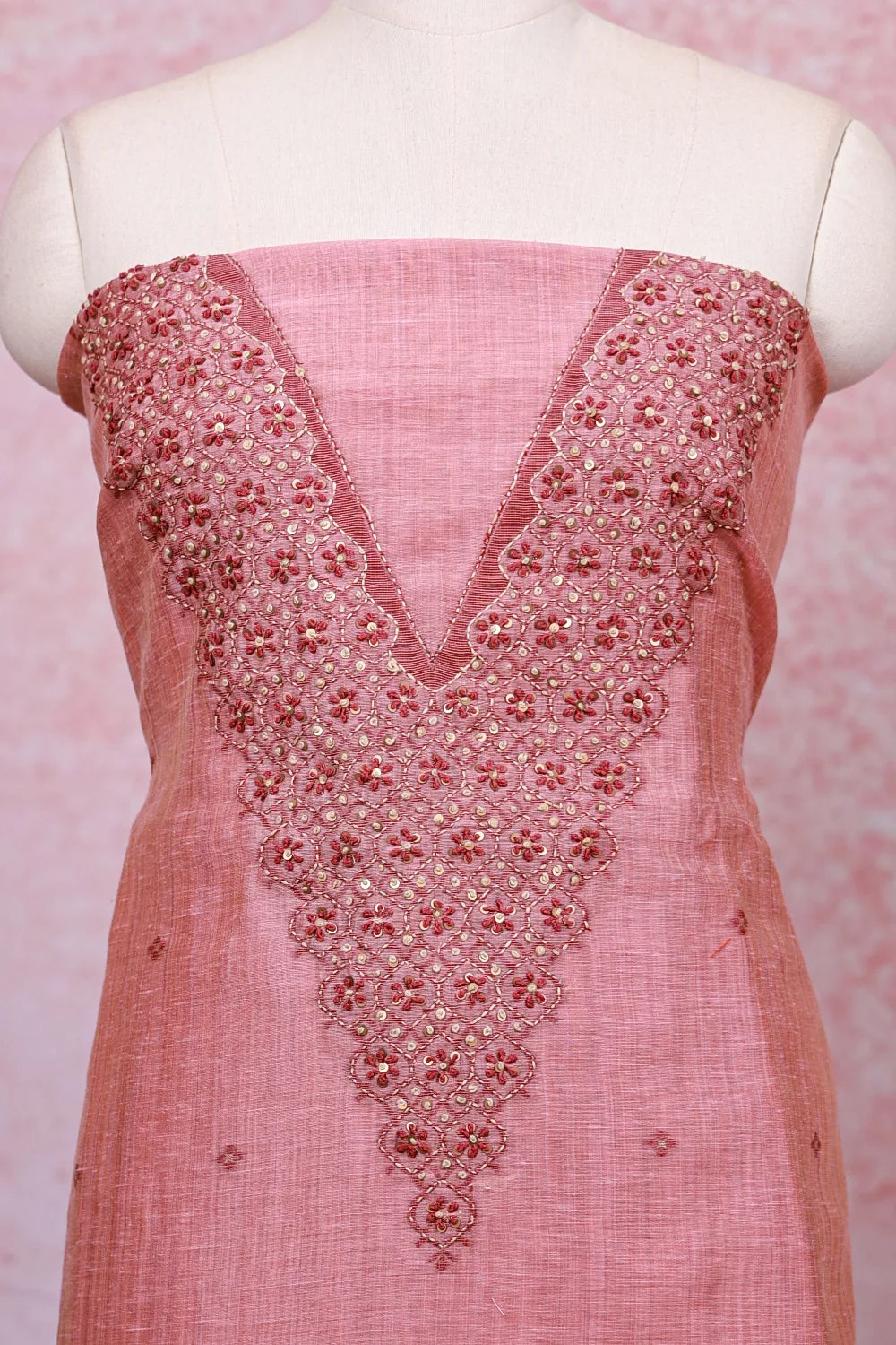 Onion Color Chanderi Silk Thread Work Unstitched Churidhar Material