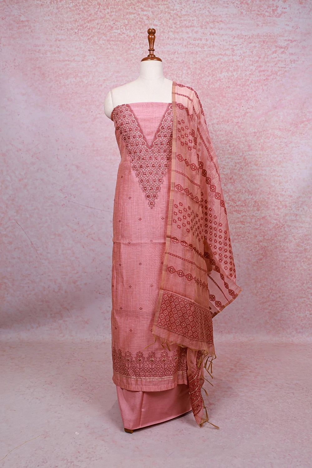 Onion Color Chanderi Silk Thread Work Unstitched Churidhar Material