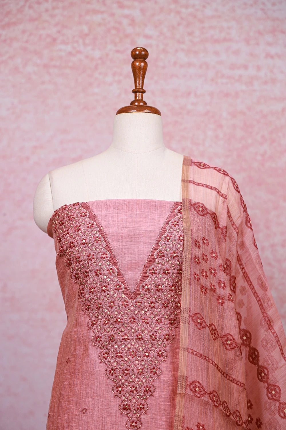 Onion Color Chanderi Silk Thread Work Unstitched Churidhar Material