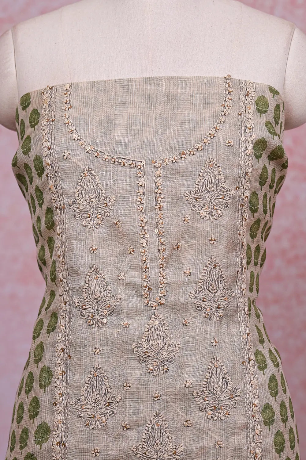 Cream Kota Thread Work Unstitched Churidhar Material
