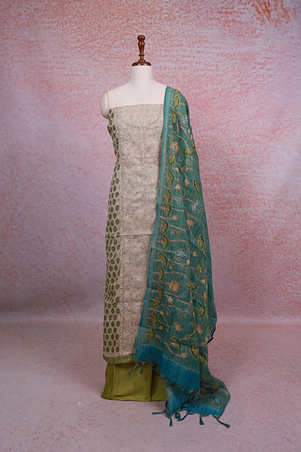 Cream Kota Thread Work Unstitched Churidhar Material