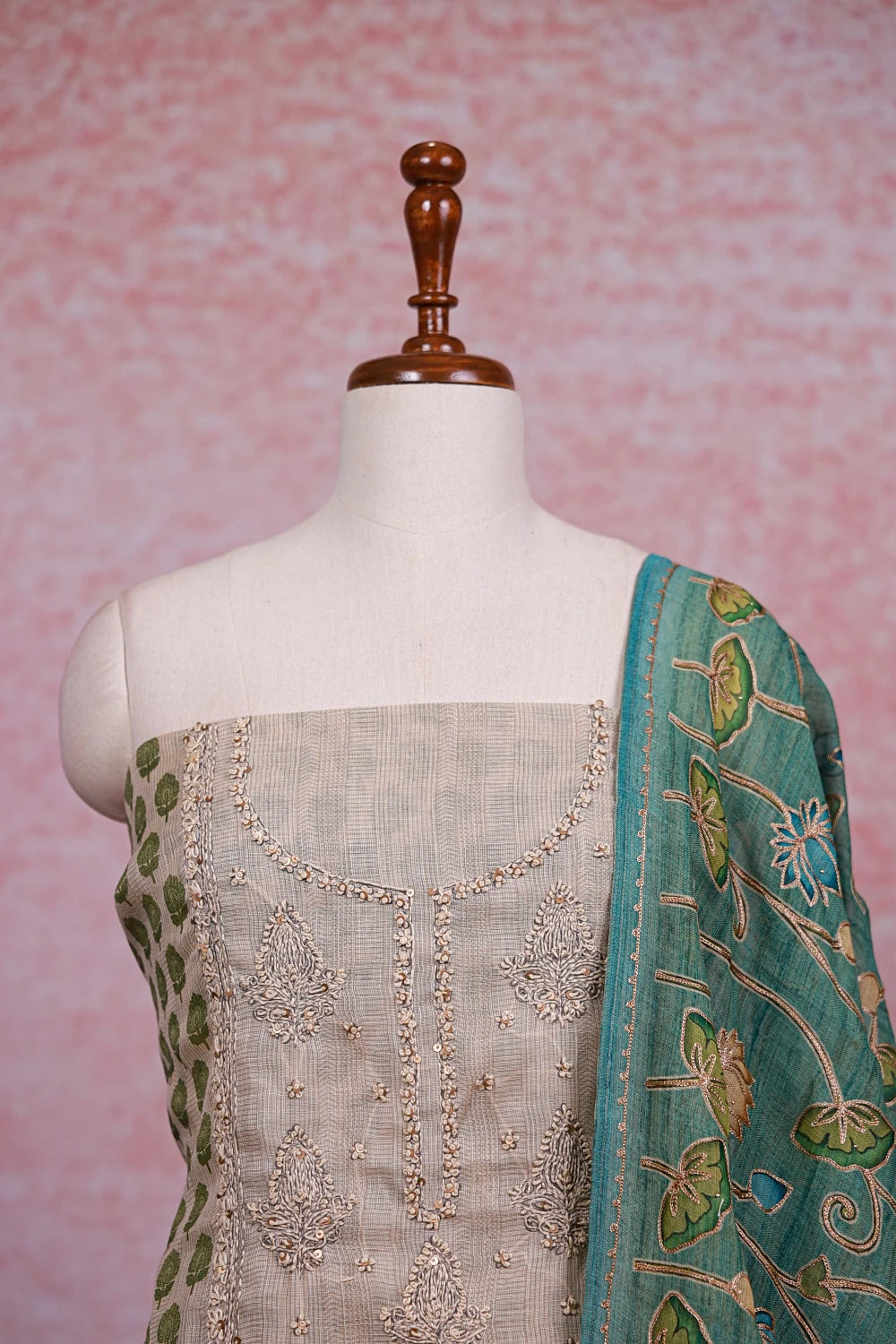 Cream Kota Thread Work Unstitched Churidhar Material