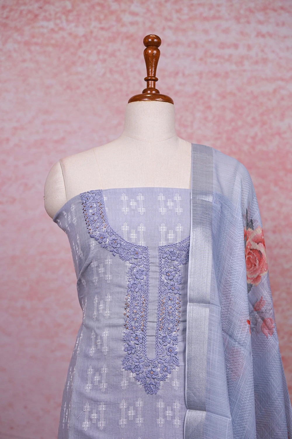 Powder Blue Cotton Embroidery Work Unstitched Churidhar Material