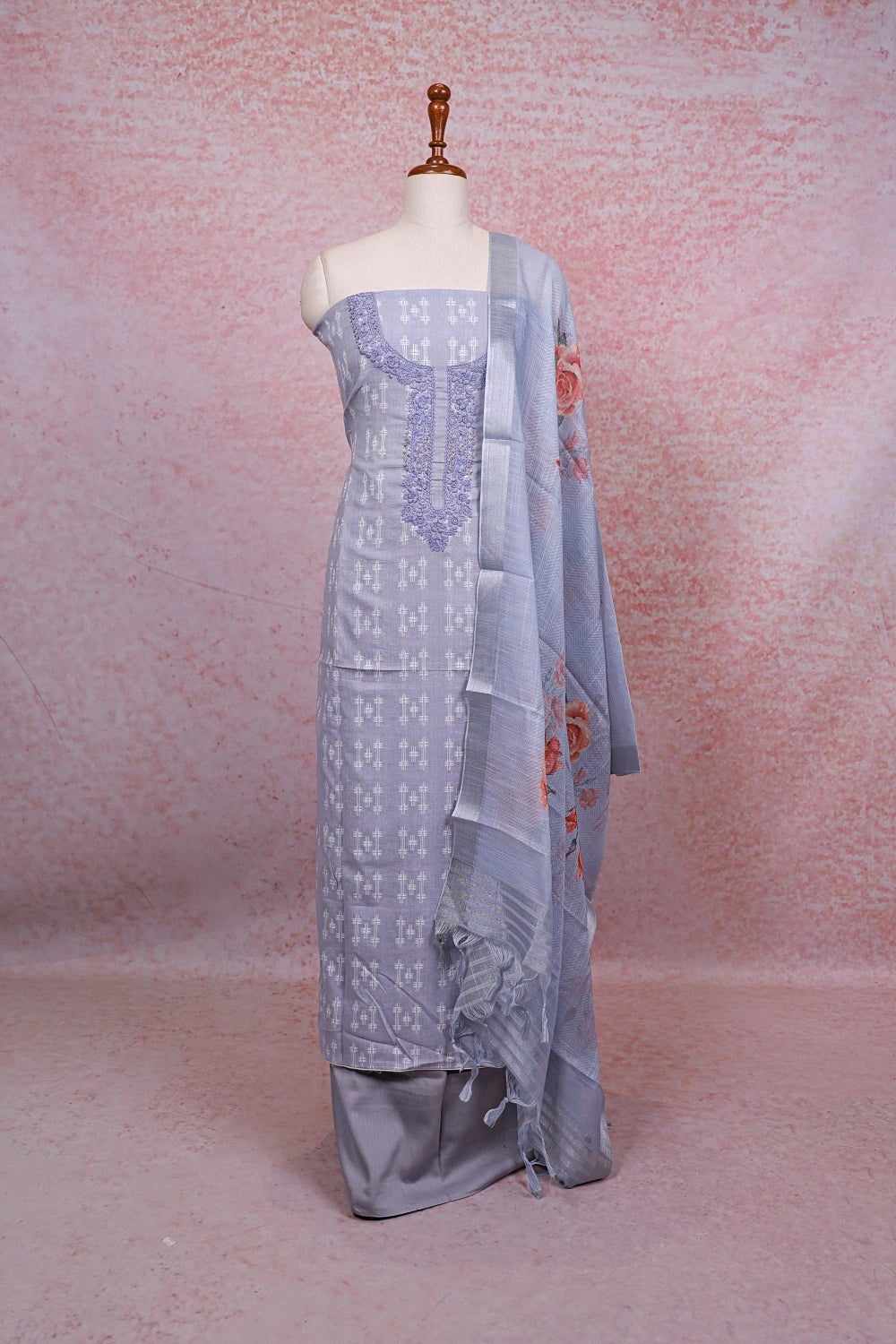 Powder Blue Cotton Embroidery Work Unstitched Churidhar Material