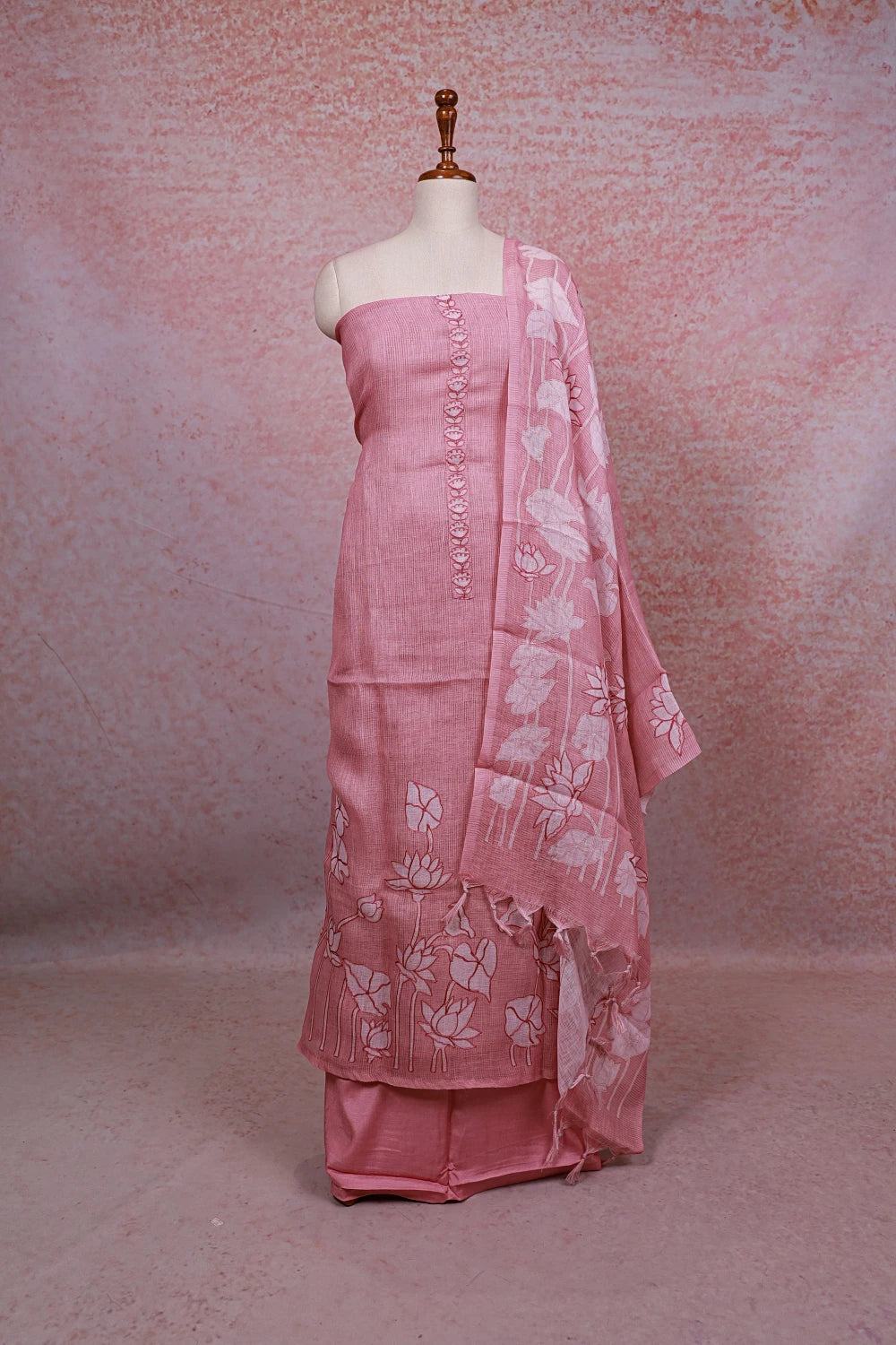 Pink Linen Thread Work Unstitched Churidhar Material