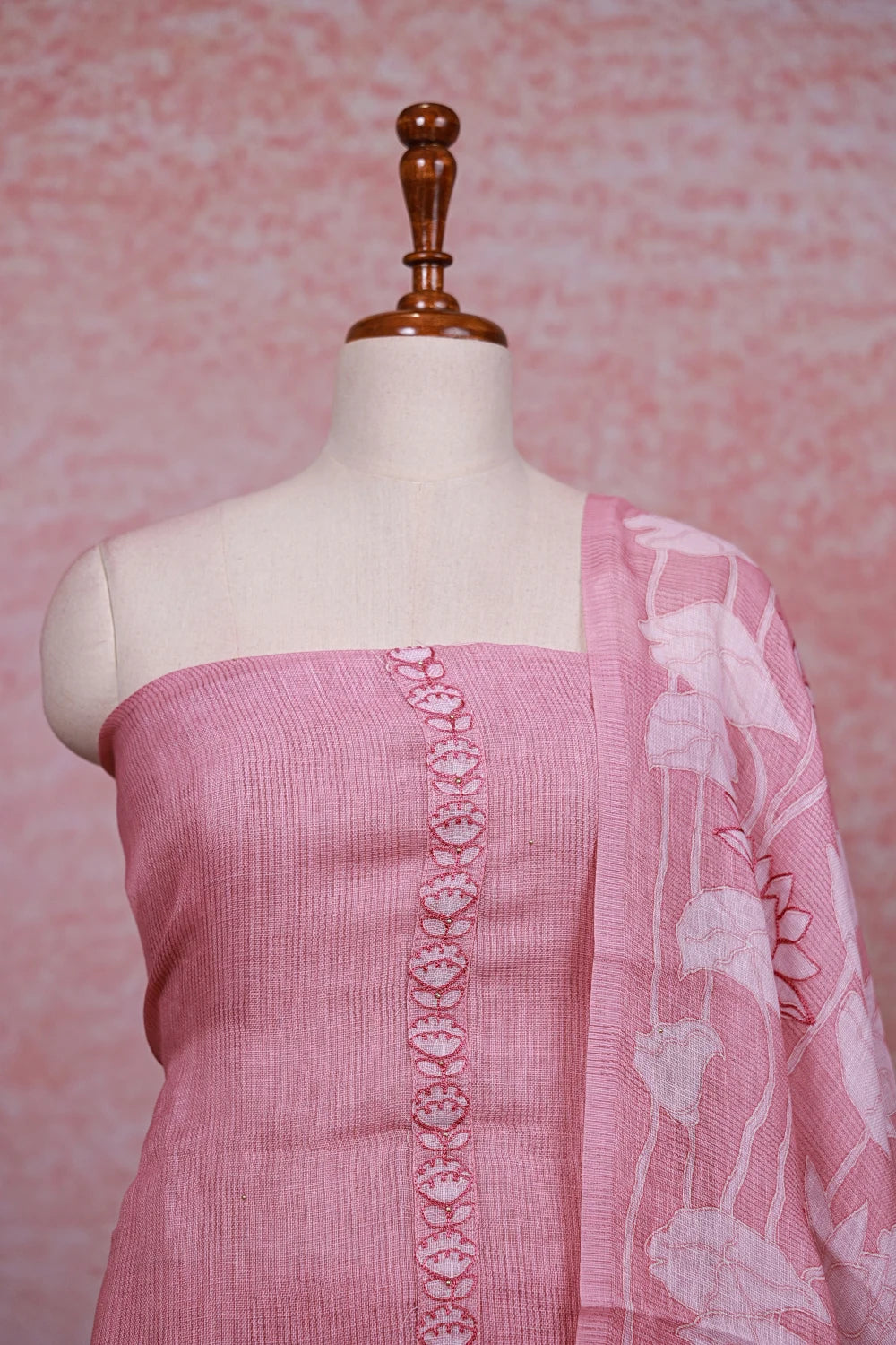 Pink Linen Thread Work Unstitched Churidhar Material