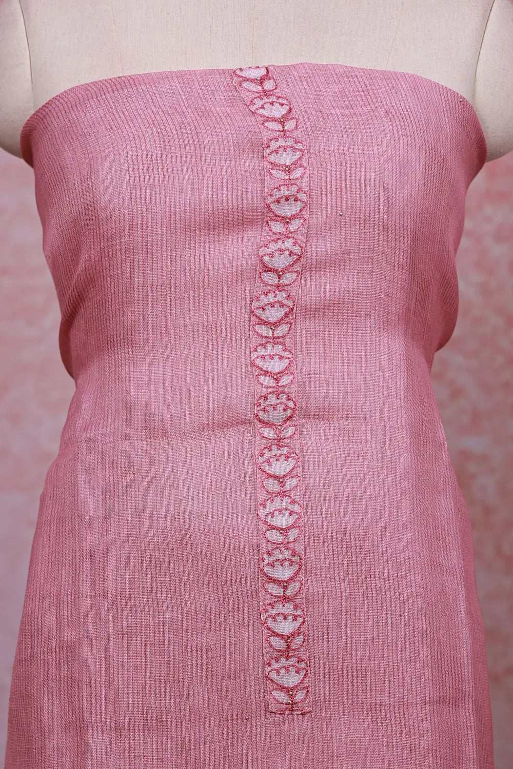 Pink Linen Thread Work Unstitched Churidhar Material