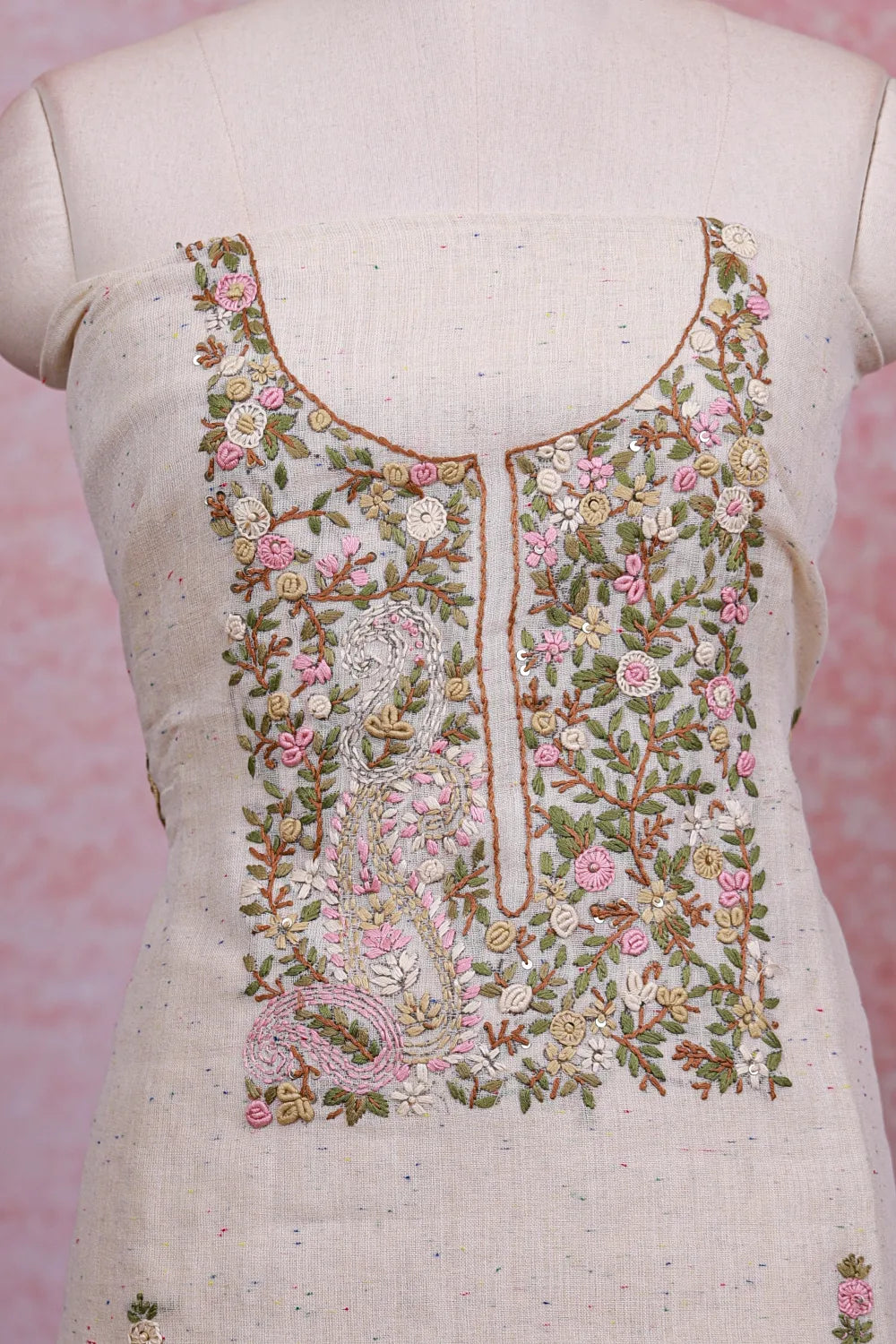 Cream Linen Embroidery Unstitched Churidhar Material