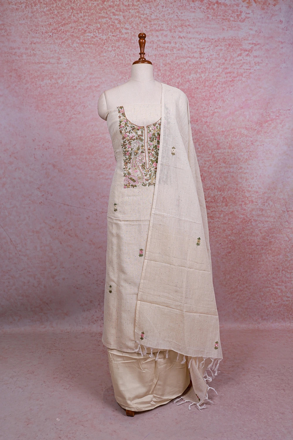 Cream Linen Embroidery Unstitched Churidhar Material