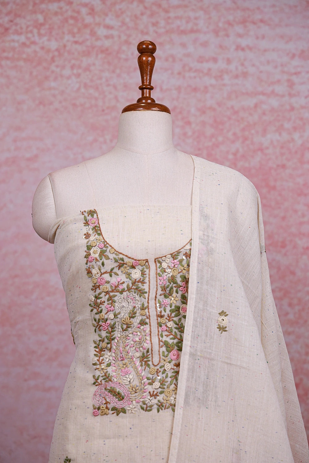 Cream Linen Embroidery Unstitched Churidhar Material
