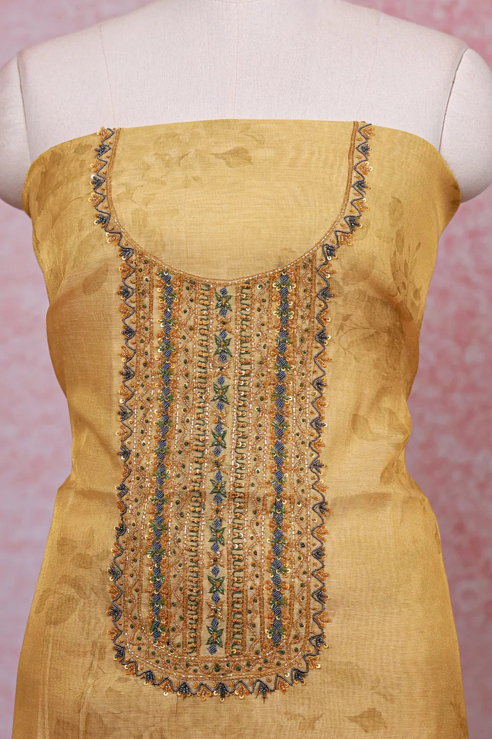 Yellow Tissue Silk Beads Work Unstitched Churidhar Material