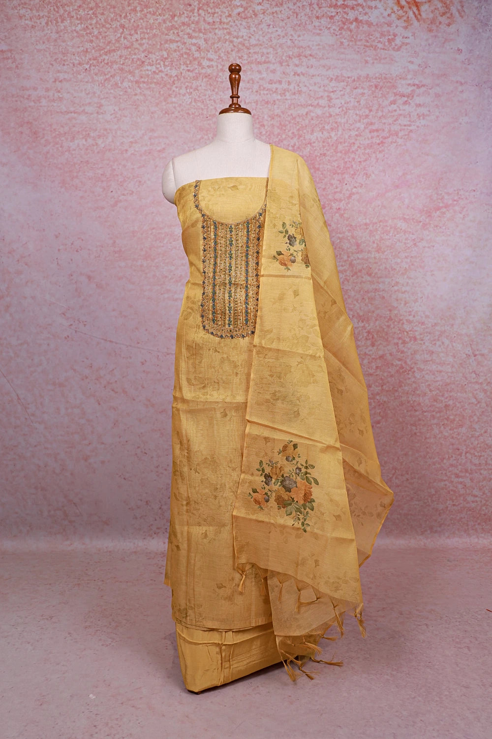 Yellow Tissue Silk Beads Work Unstitched Churidhar Material