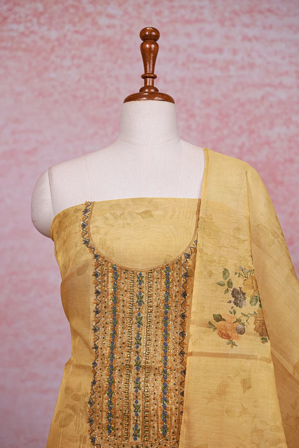 Yellow Tissue Silk Beads Work Unstitched Churidhar Material