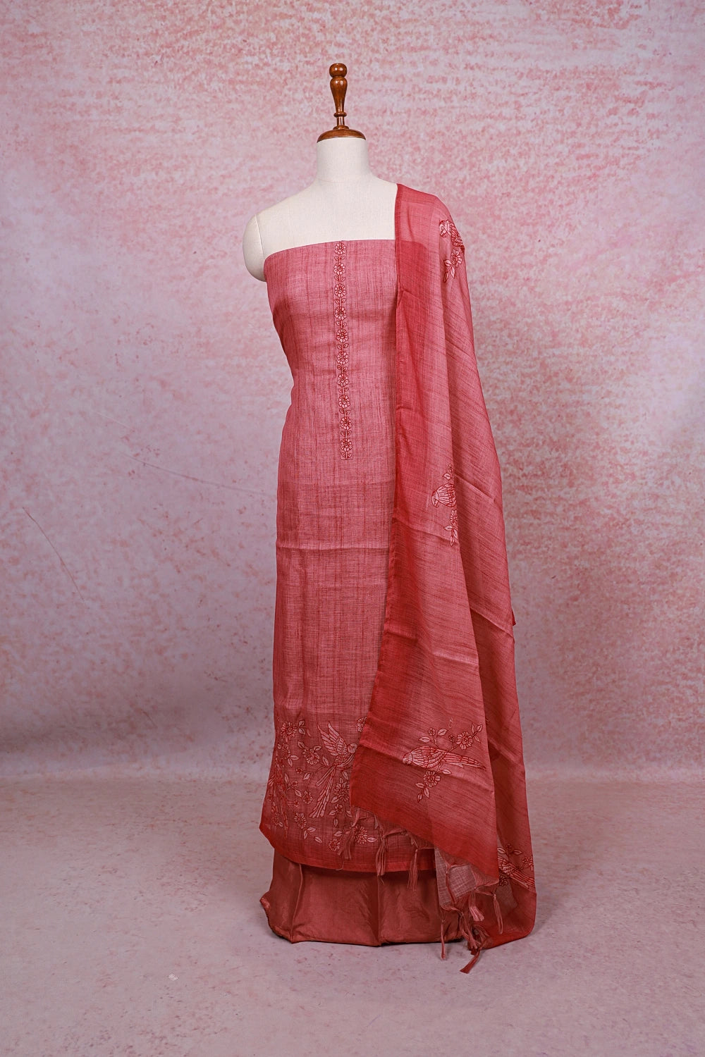 Onion Color Linen Thread Work Unstitched Churidhar Material
