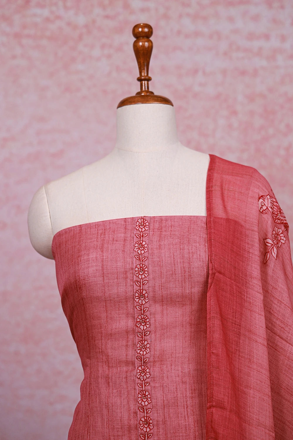 Onion Color Linen Thread Work Unstitched Churidhar Material