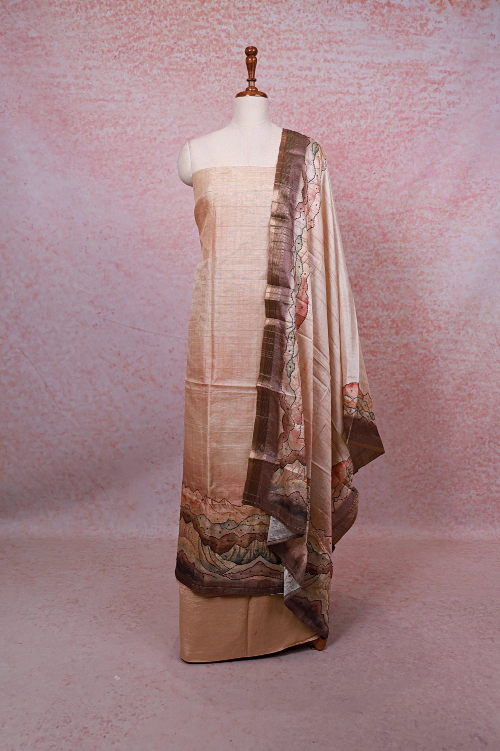 Beige Semi Silk Kantha Stitched Unstitched Churidhar Material