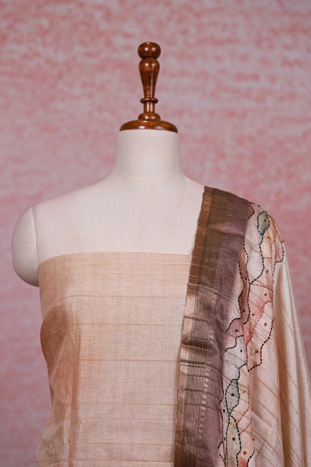 Beige Semi Silk Kantha Stitched Unstitched Churidhar Material