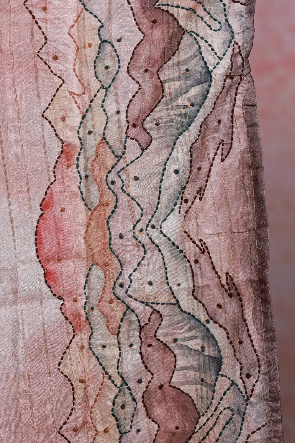 Beige Semi Silk Kantha Stitched Unstitched Churidhar Material