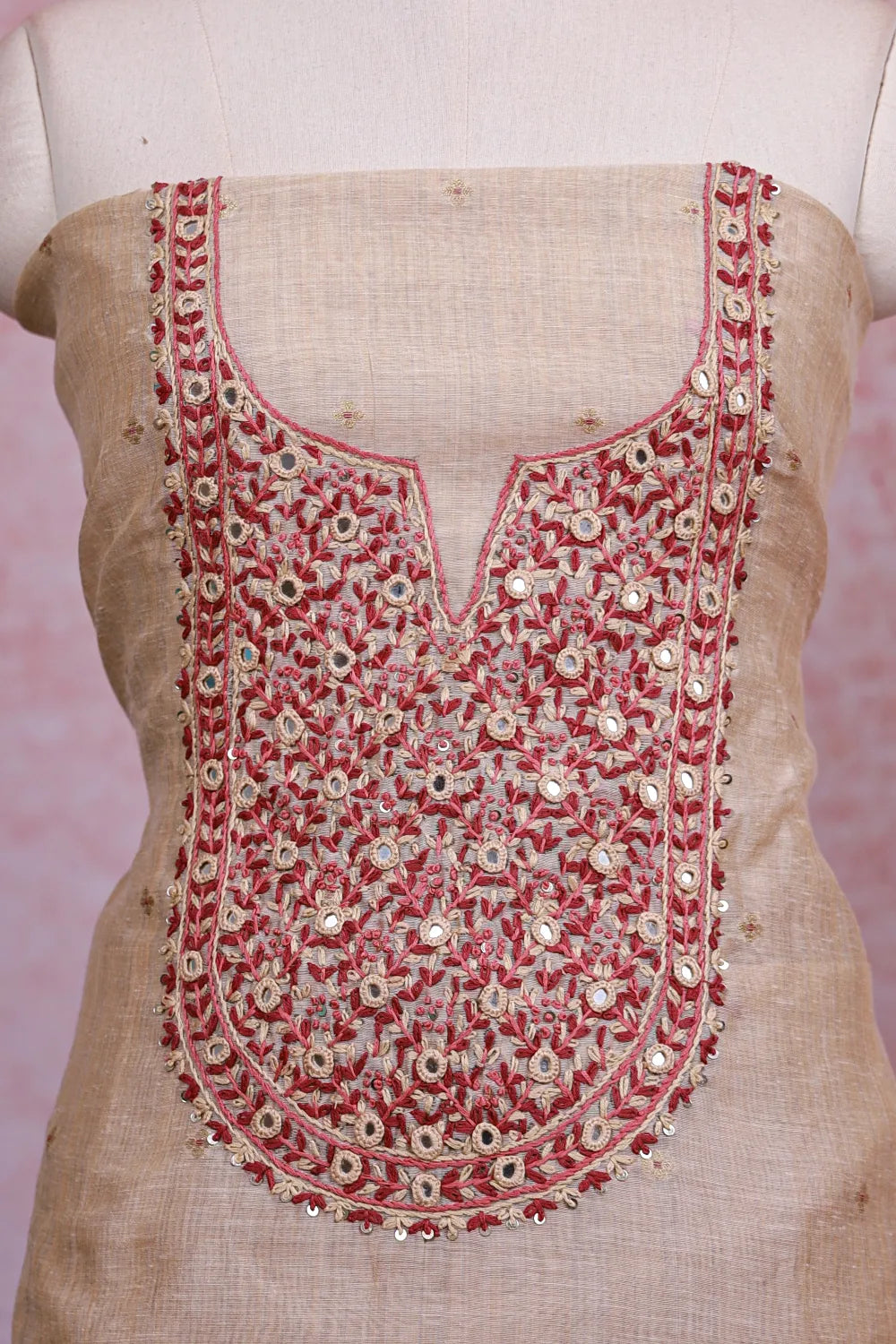 Cream Chanderi Silk Mirror Work Unstitched Churidhar Material