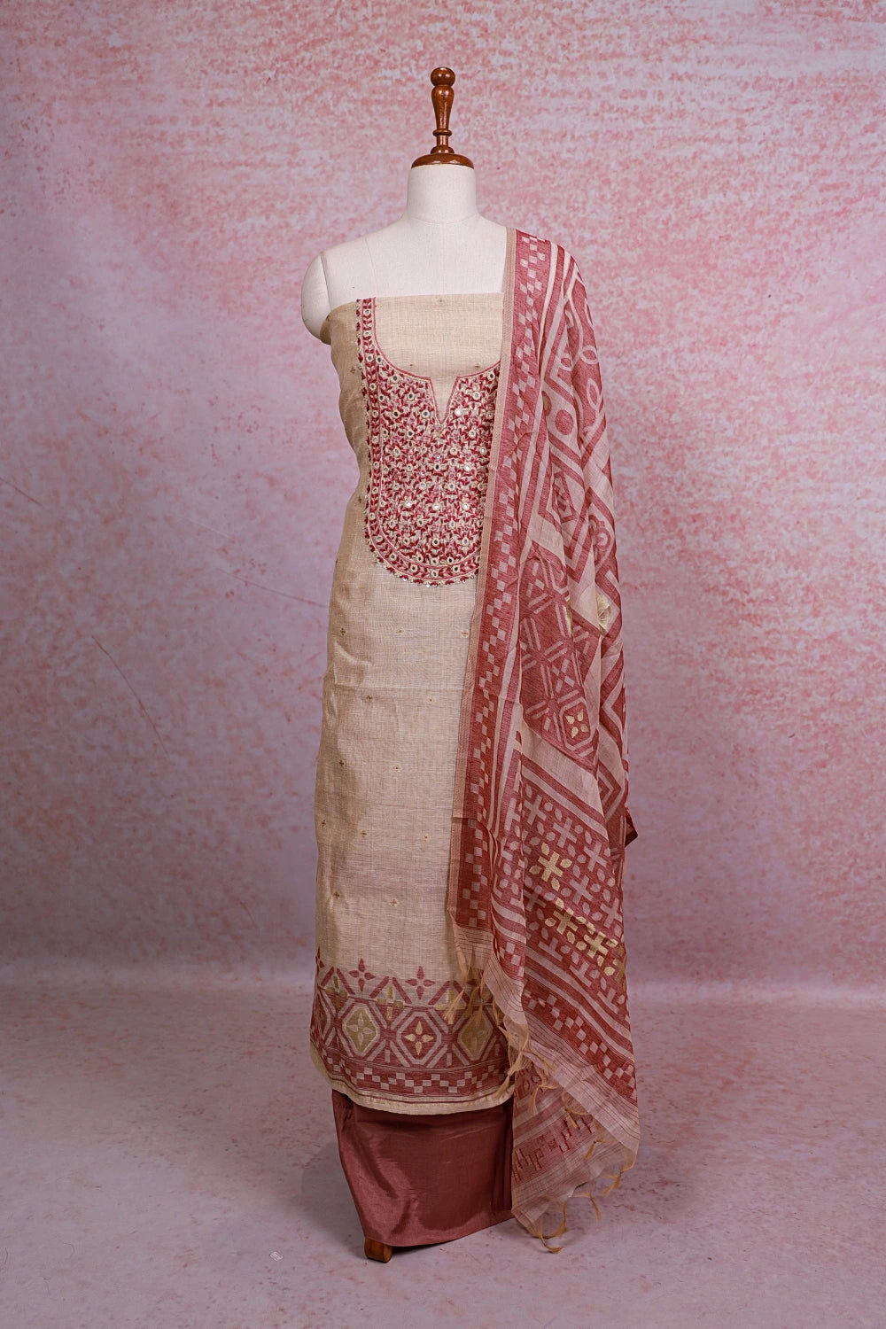 Cream Chanderi Silk Mirror Work Unstitched Churidhar Material