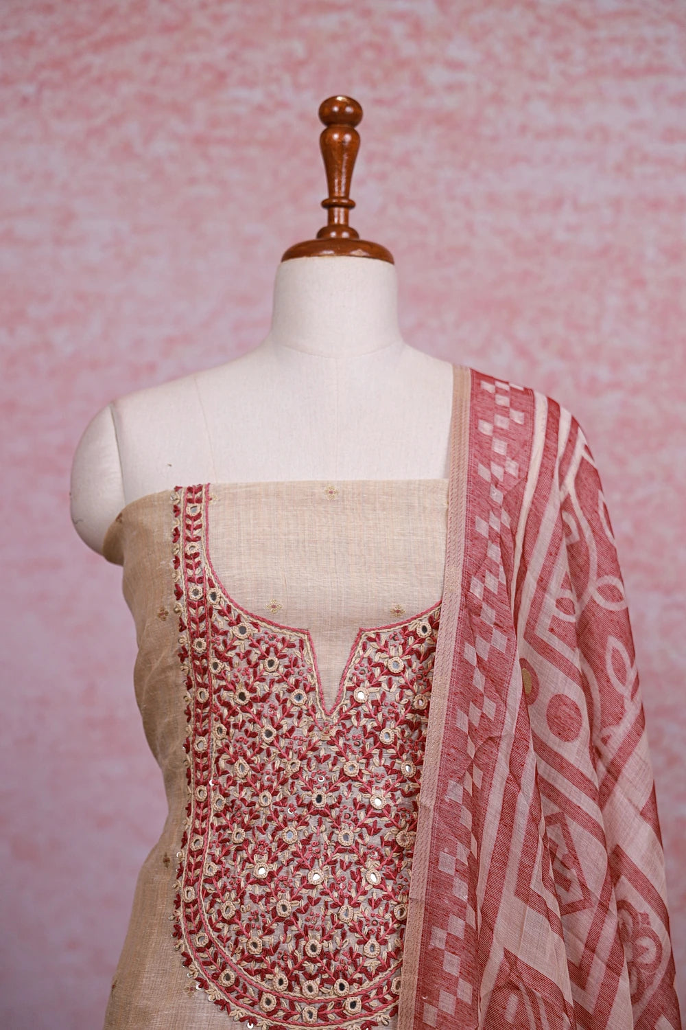 Cream Chanderi Silk Mirror Work Unstitched Churidhar Material