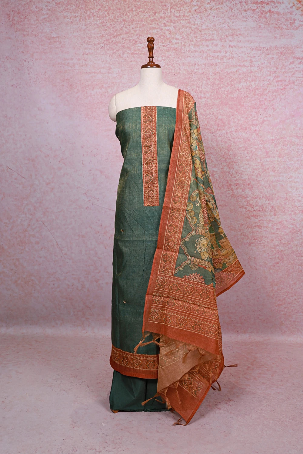 Green Tissue Silk Kantha Stitched Unstitched Churidhar Material