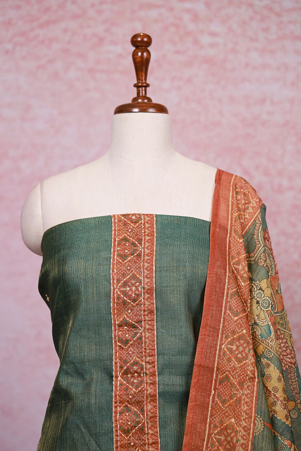 Green Tissue Silk Kantha Stitched Unstitched Churidhar Material