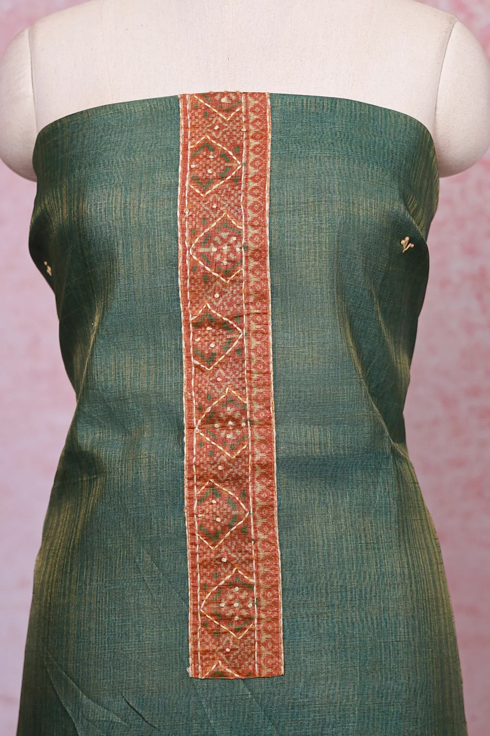 Green Tissue Silk Kantha Stitched Unstitched Churidhar Material