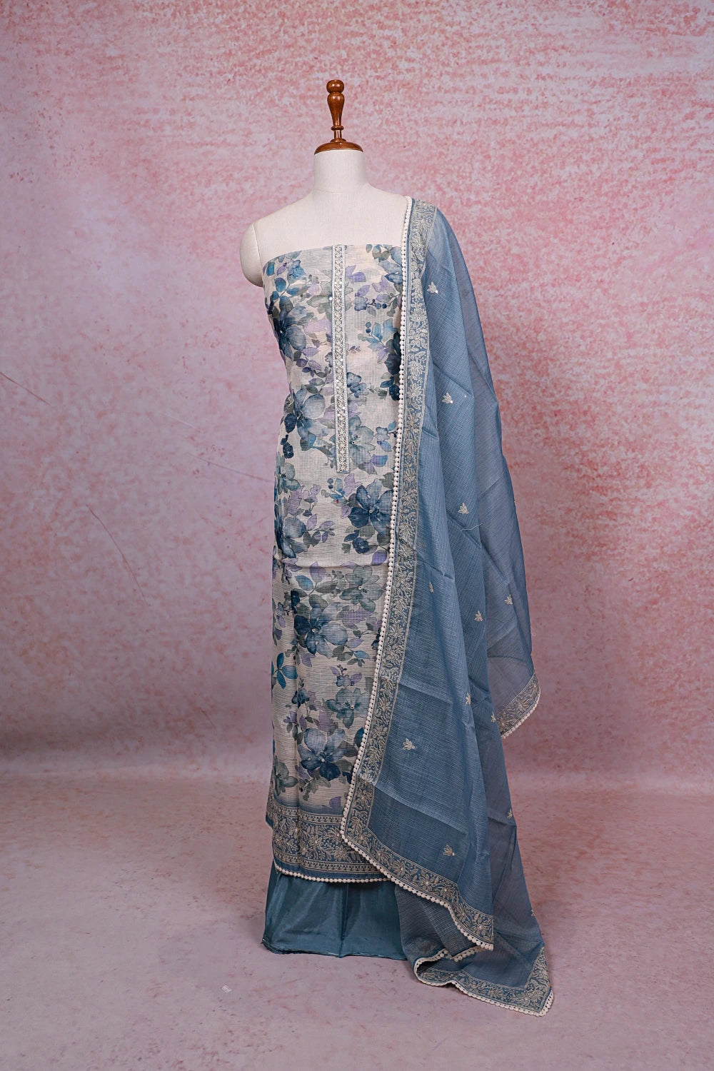 Cream Kota Printed Unstitched Churidhar Material