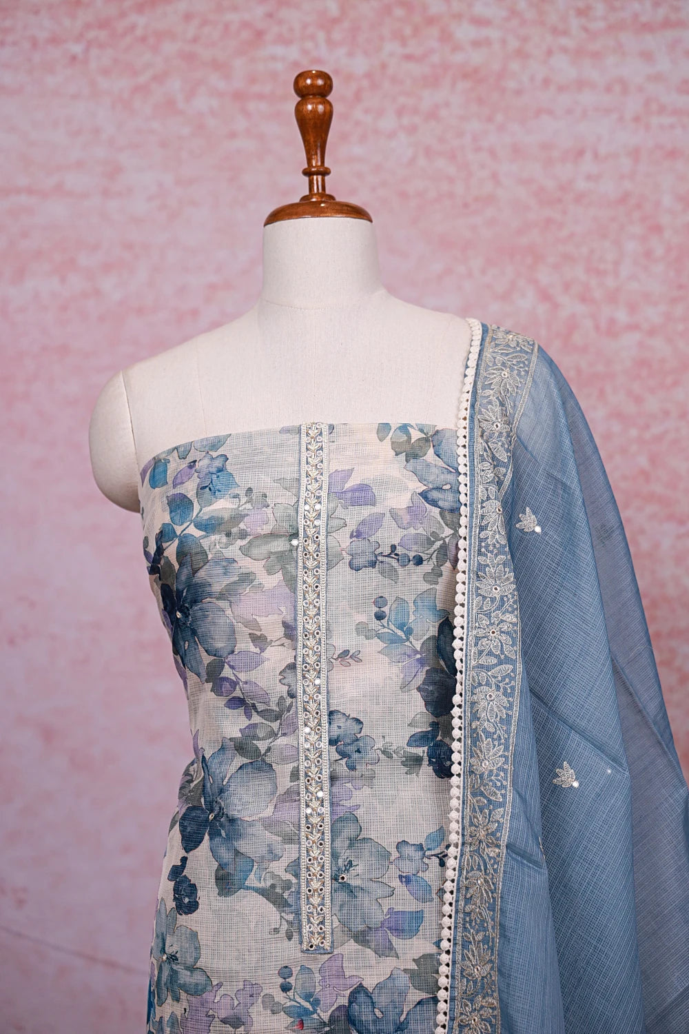 Cream Kota Printed Unstitched Churidhar Material