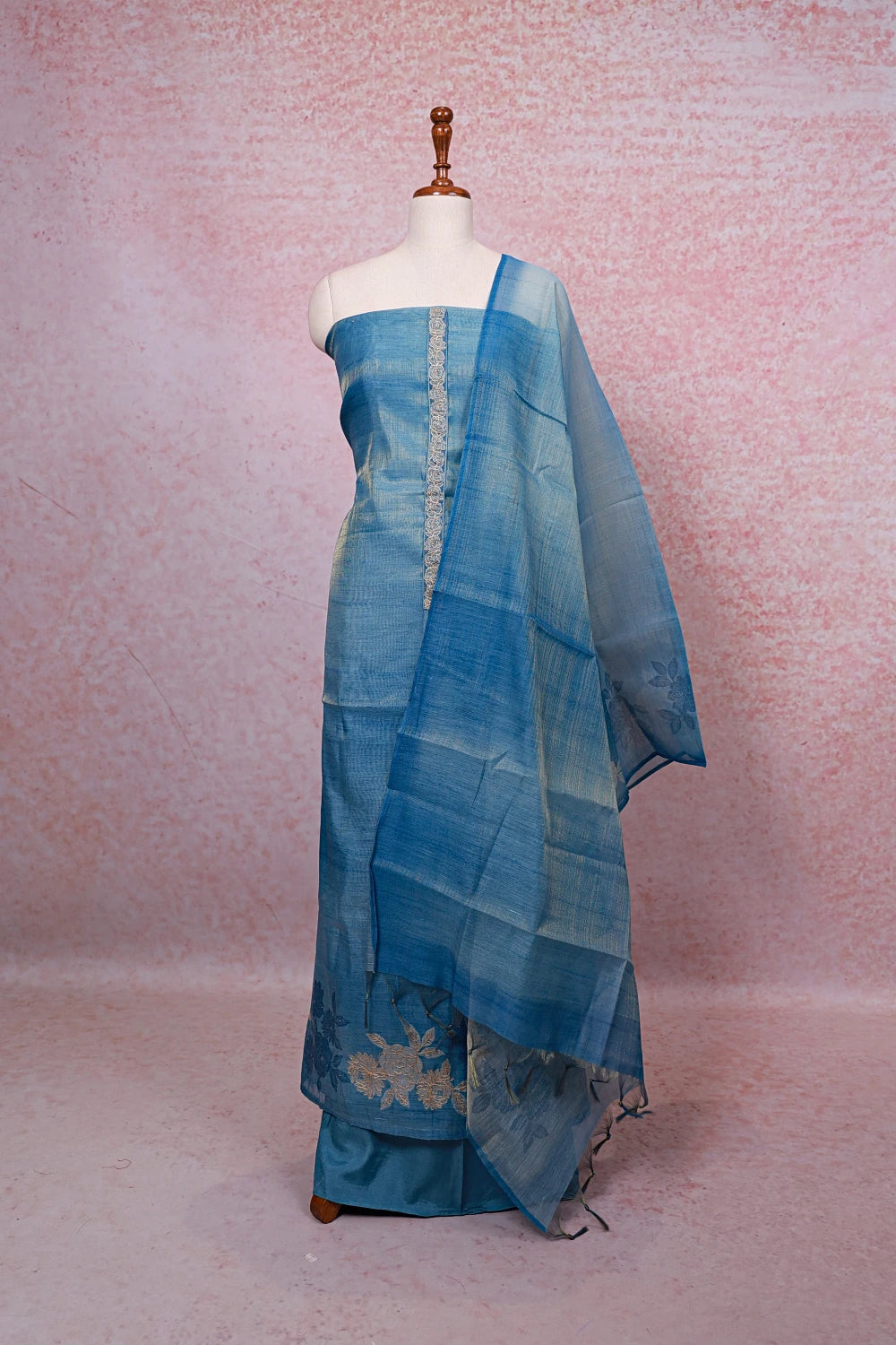 Powder Blue Tissue Silk Thread Work Unstitched Churidhar Material