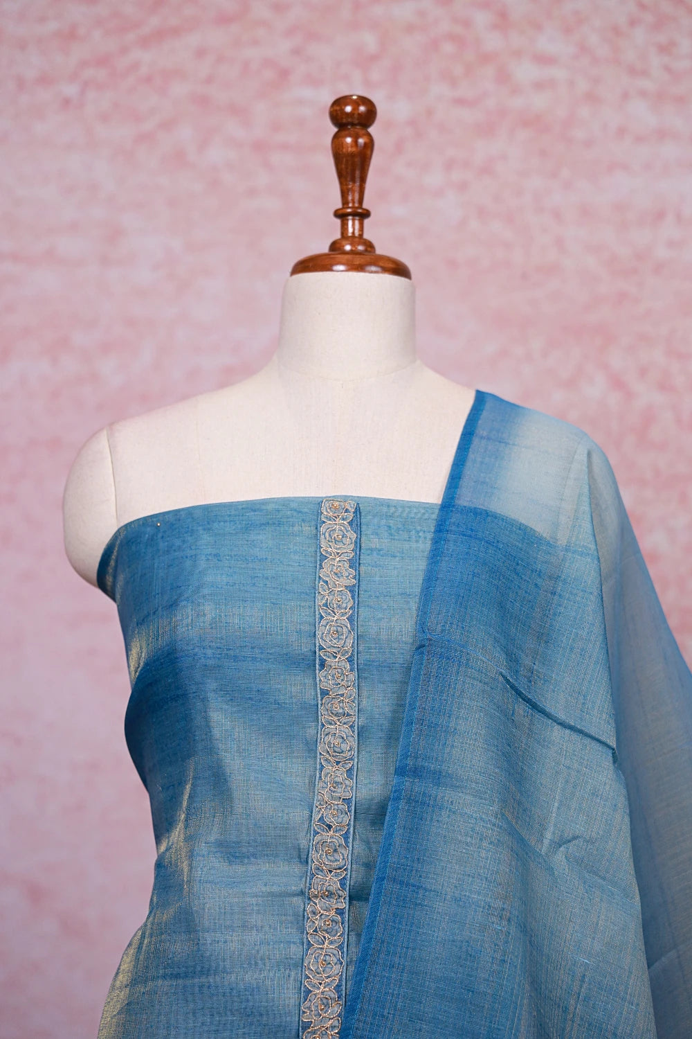 Powder Blue Tissue Silk Thread Work Unstitched Churidhar Material