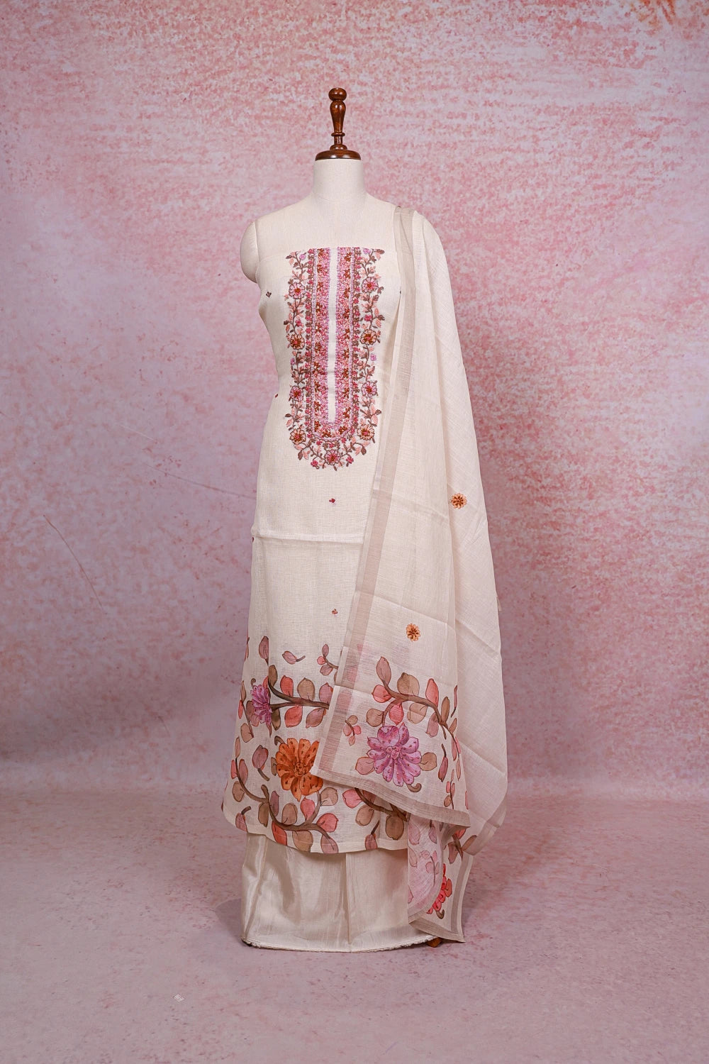 Cream Linen Embroidery Unstitched Churidhar Material