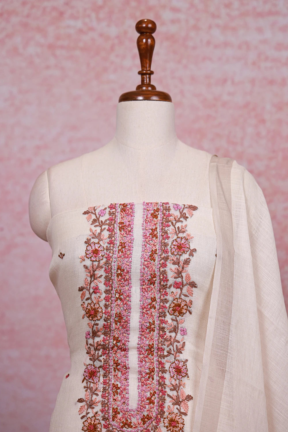 Cream Linen Embroidery Unstitched Churidhar Material