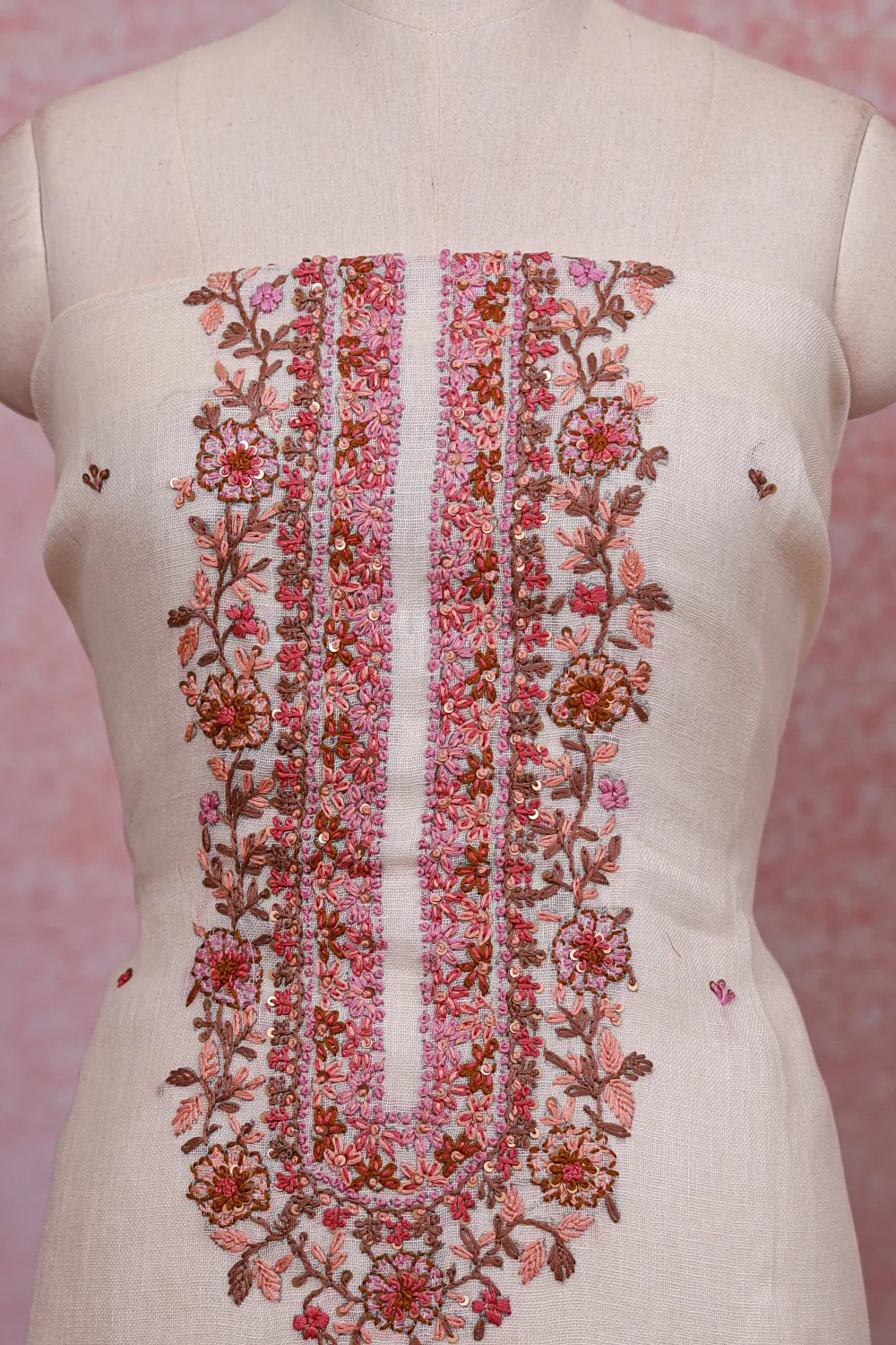 Cream Linen Embroidery Unstitched Churidhar Material