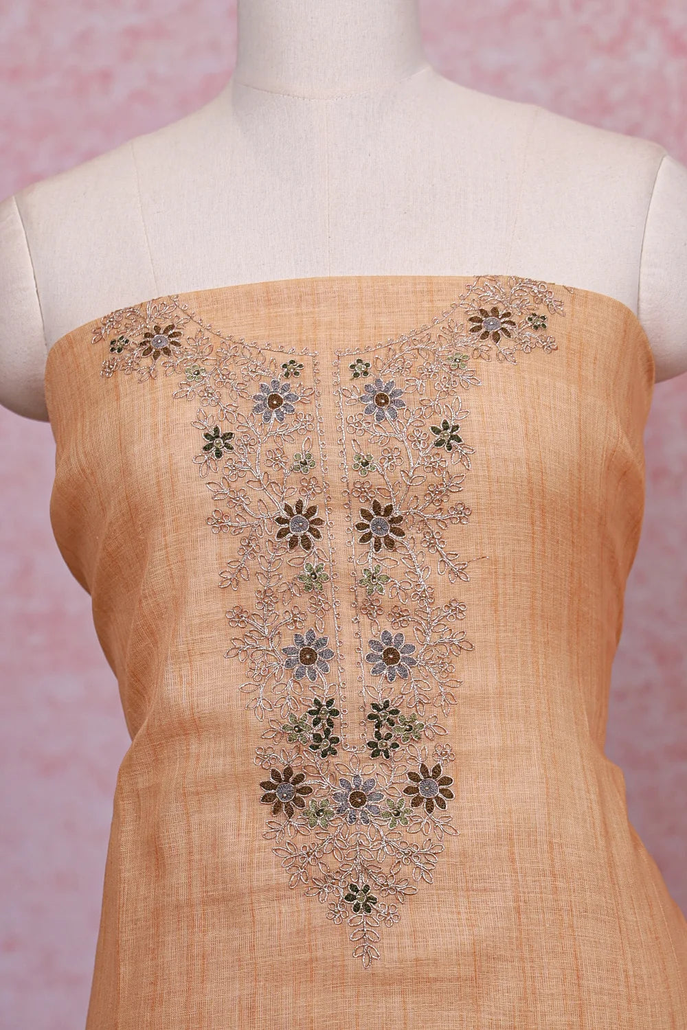 Sandal Color Linen Thread Work Unstitched Churidhar Material - Seematti