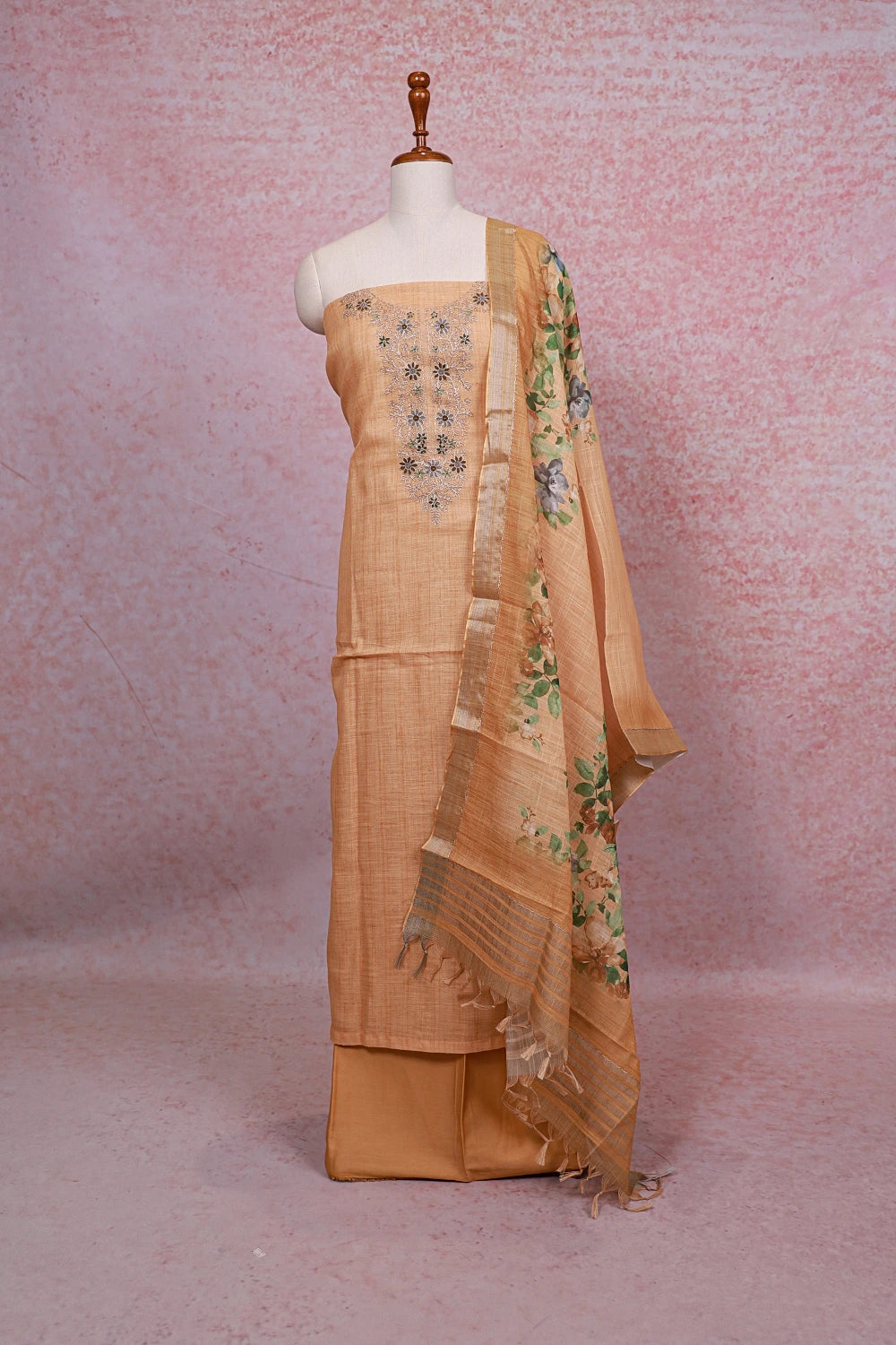 Sandal Color Linen Thread Work Unstitched Churidhar Material - Seematti