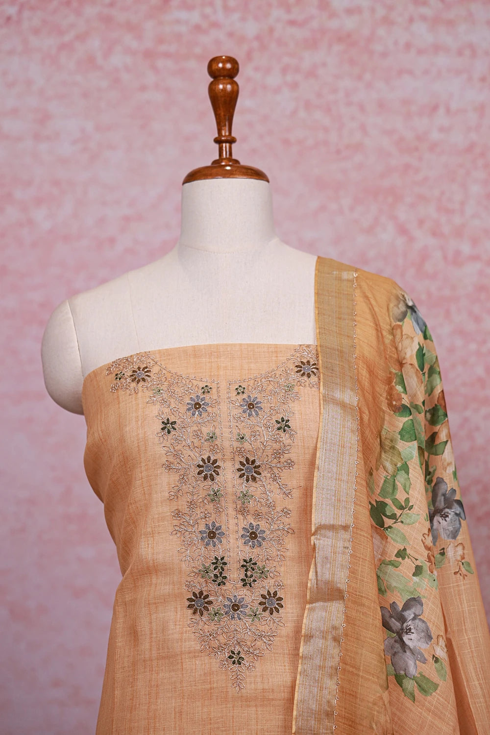Sandal Color Linen Thread Work Unstitched Churidhar Material - Seematti