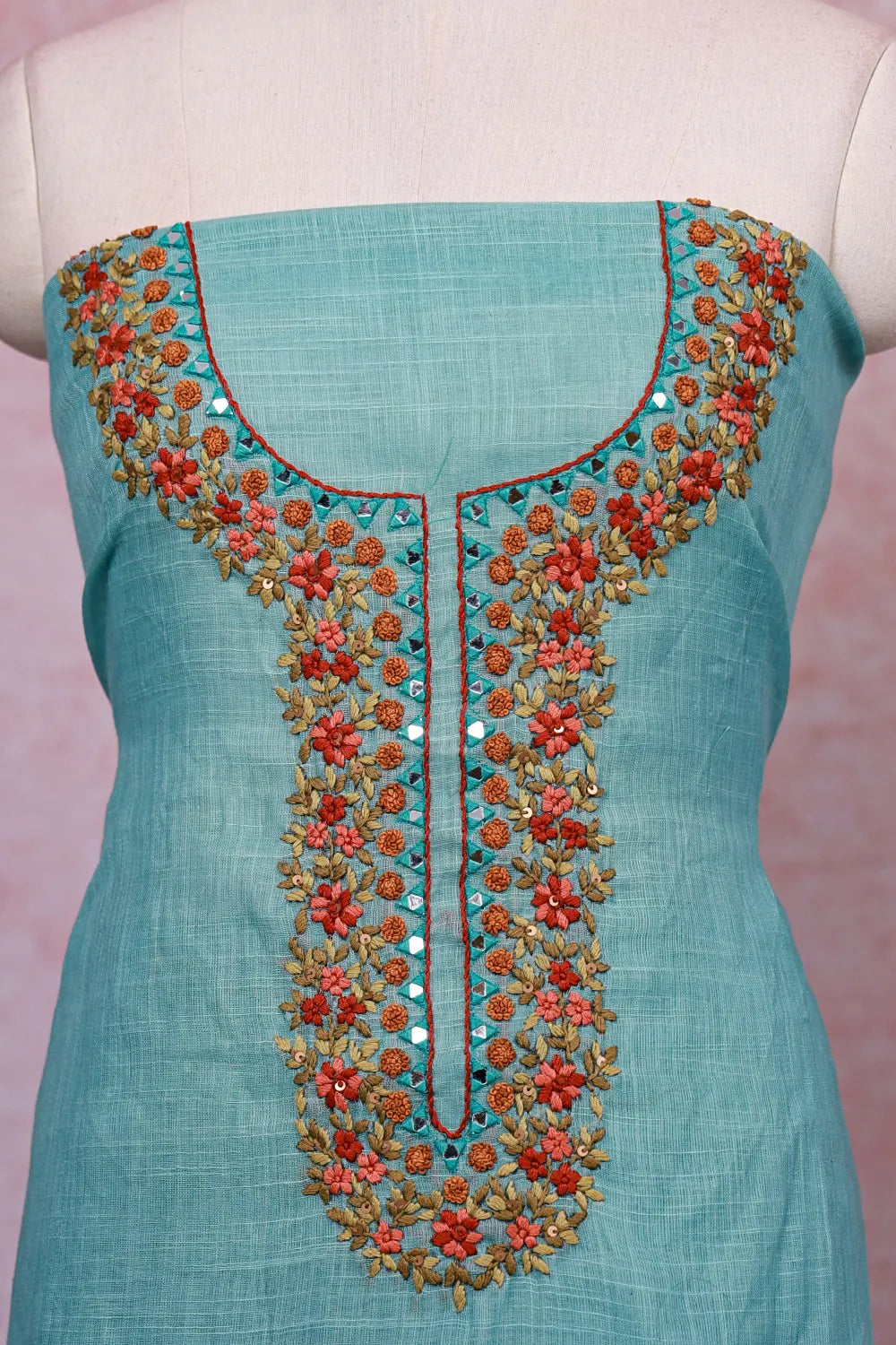 Blue Linen Thread Work Unstitched Churidhar Material - Seematti
