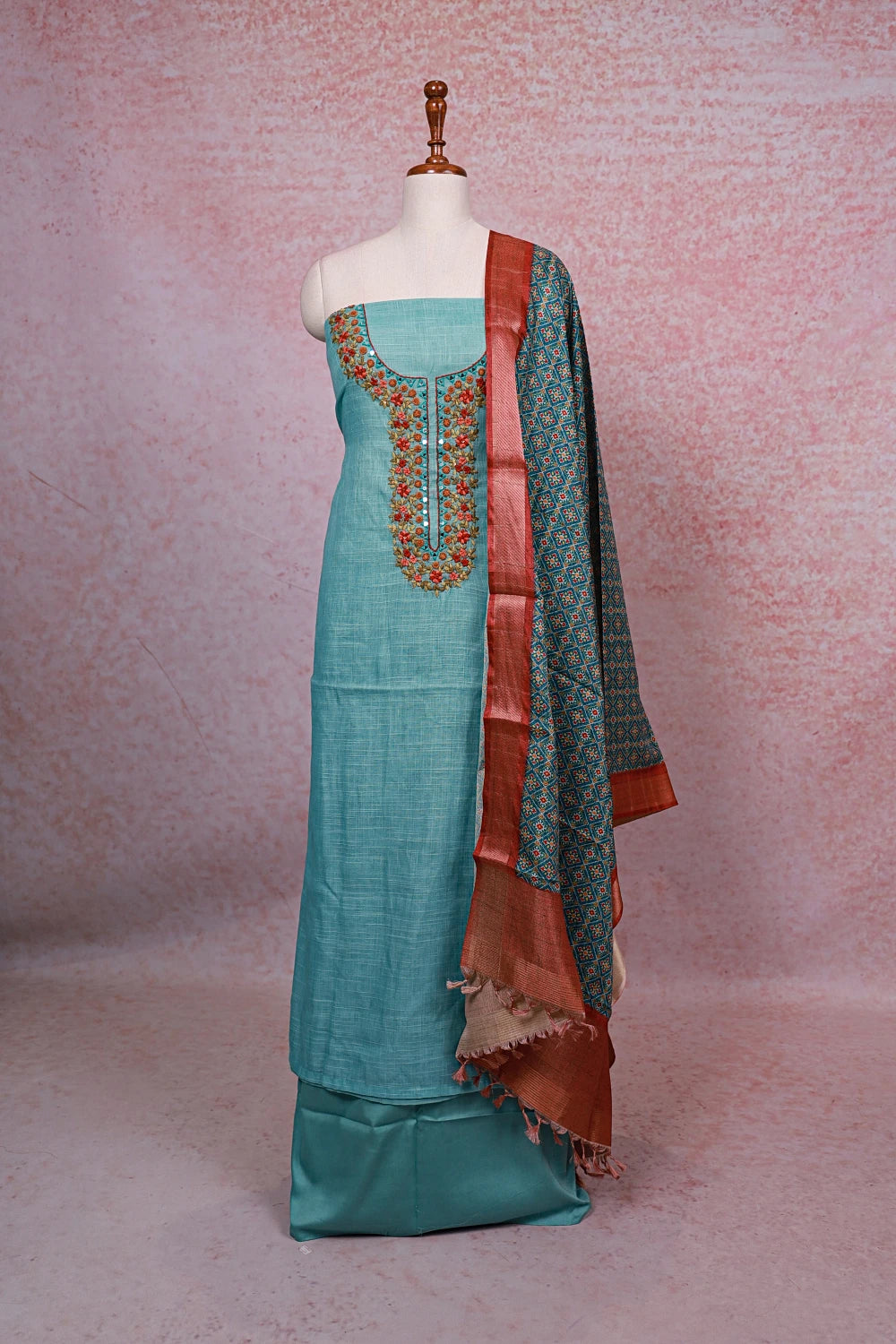 Blue Linen Thread Work Unstitched Churidhar Material - Seematti