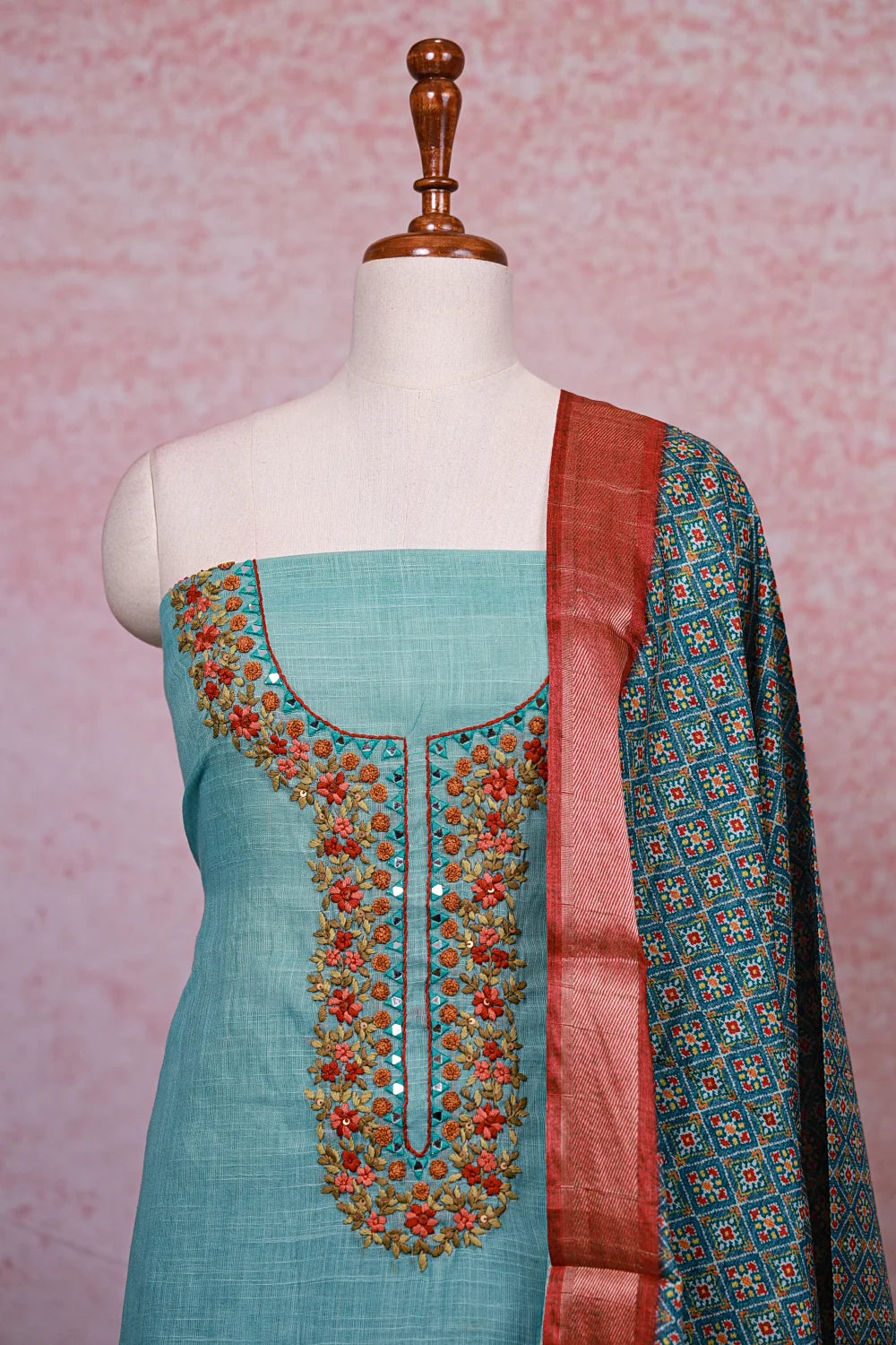 Blue Linen Thread Work Unstitched Churidhar Material - Seematti
