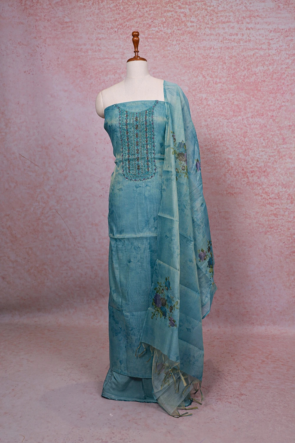 Sea Blue Tissue Silk Beads Work Unstitched Churidhar Material - Seematti