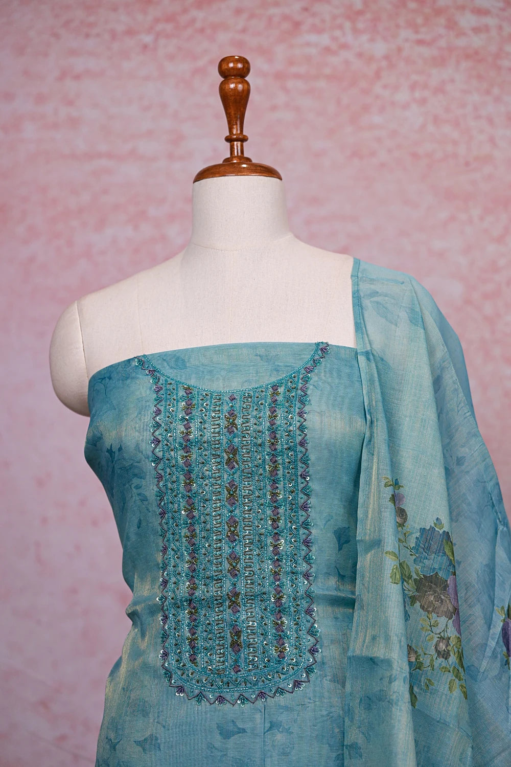 Sea Blue Tissue Silk Beads Work Unstitched Churidhar Material - Seematti