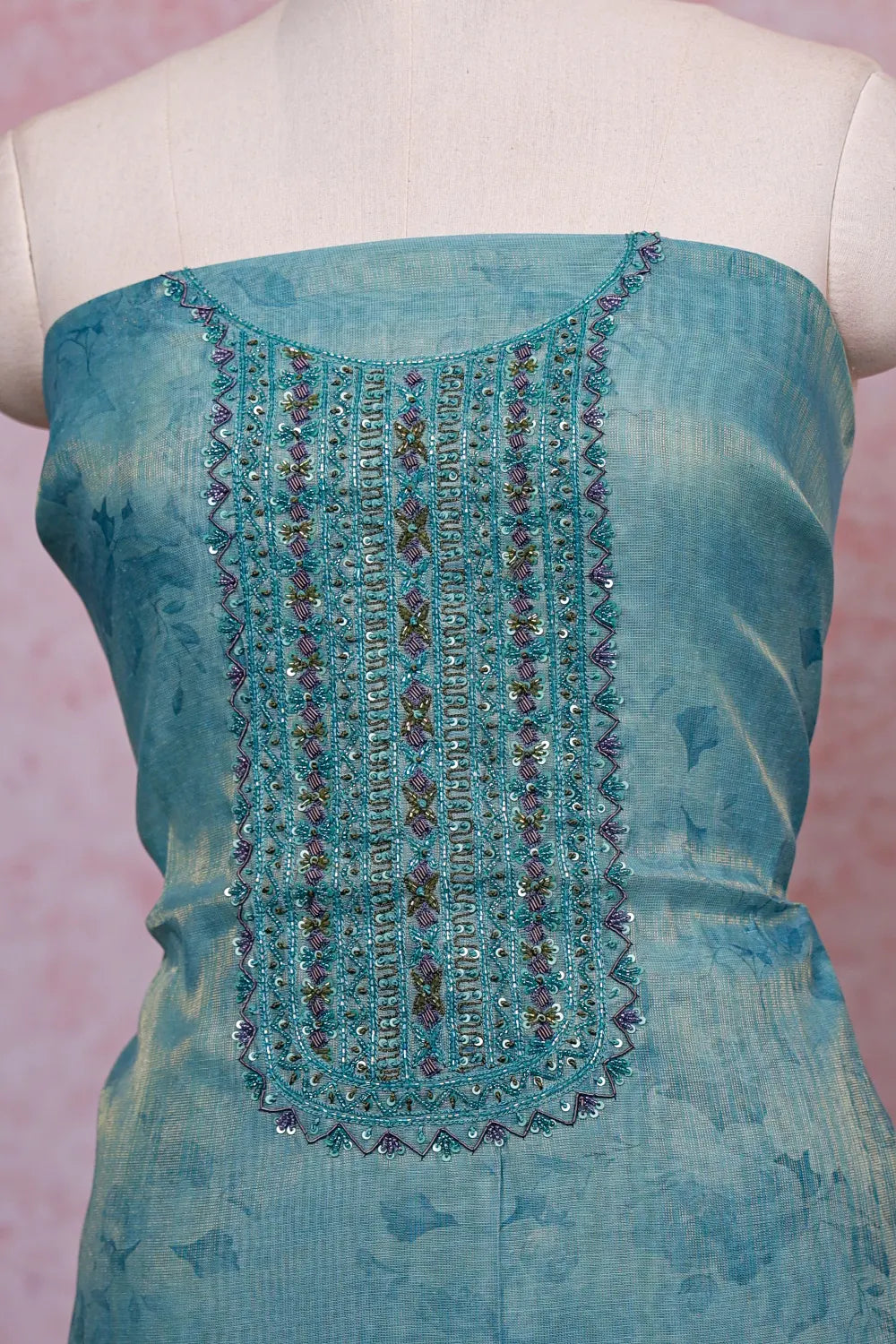 Sea Blue Tissue Silk Beads Work Unstitched Churidhar Material - Seematti
