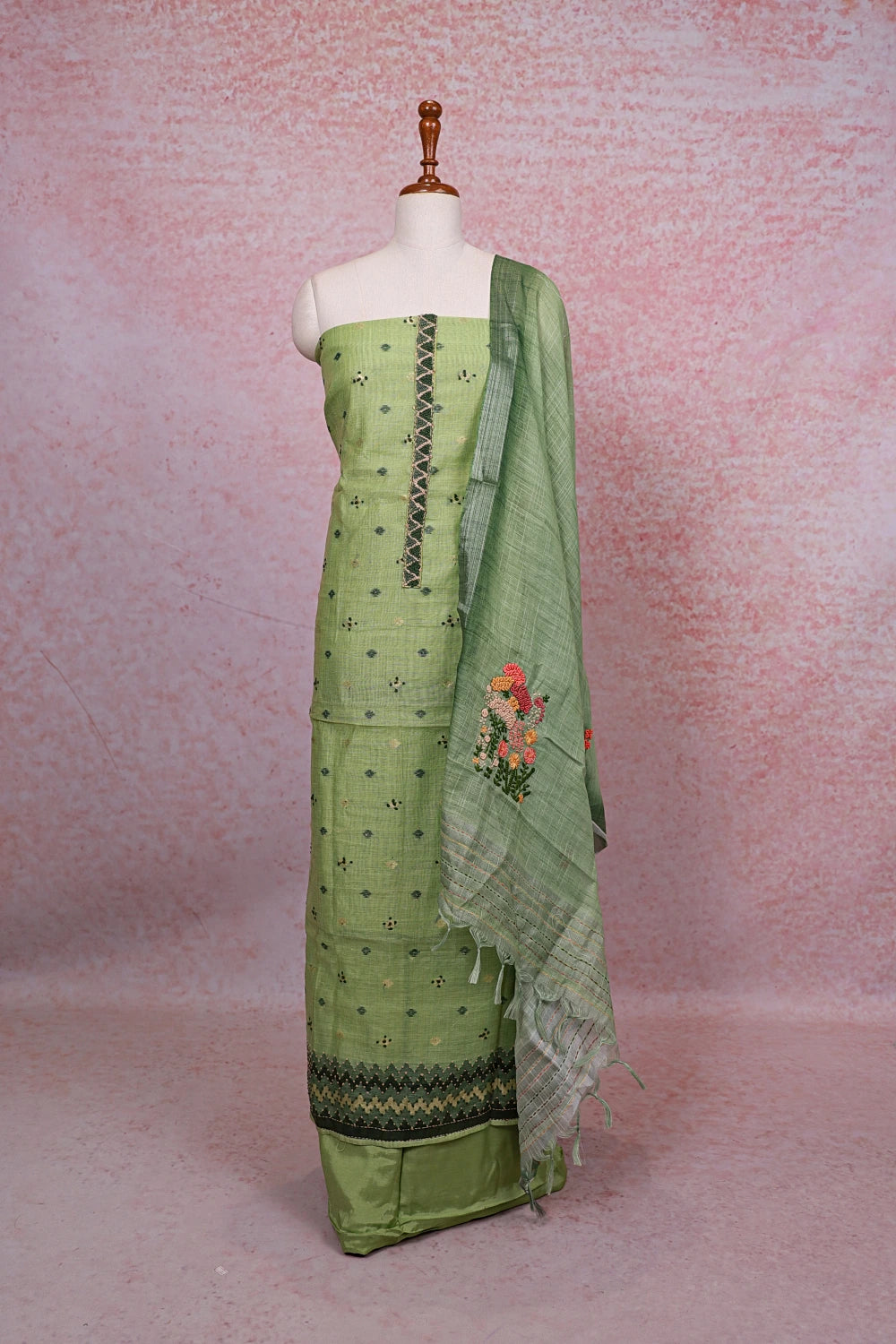Pista Green Chanderi Silk Printed Unstitched Churidhar Material - Seematti