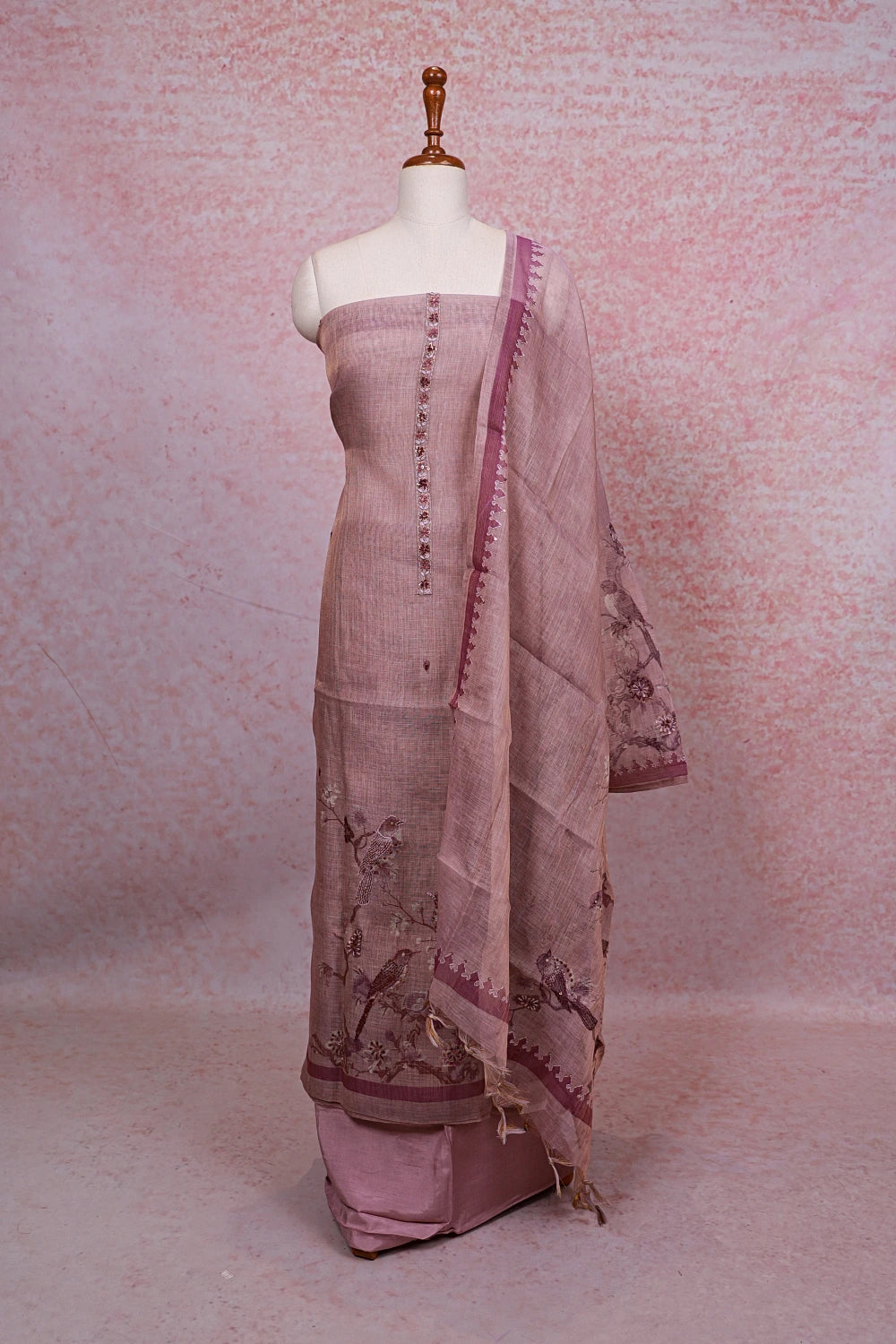 Light Lavender Tissue Silk Thread Work Unstitched Churidhar Material - Seematti