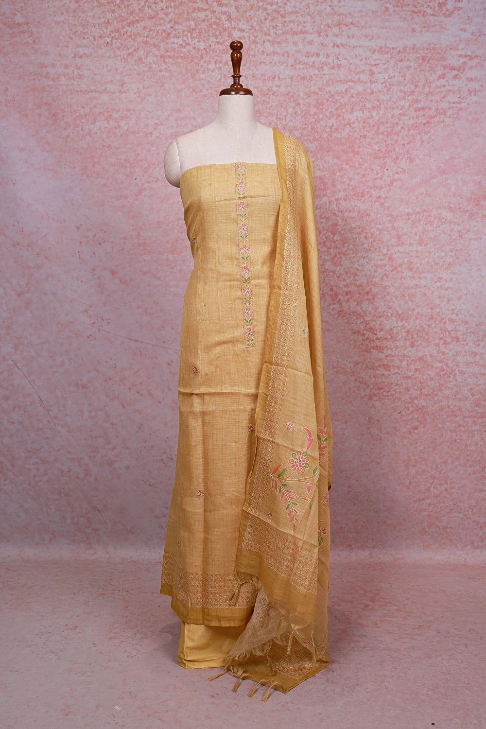 Yellow Linen Embroidery Unstitched Churidhar Material - Seematti