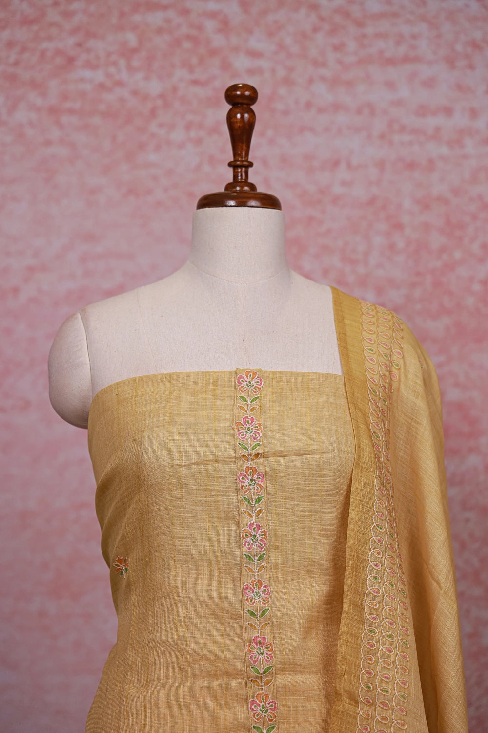 Yellow Linen Embroidery Unstitched Churidhar Material - Seematti